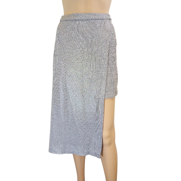 Zara Trafaluc | Asymmetrical Silver Stretchy Metallic Knit Skirt | Small - Picture 4 of 11